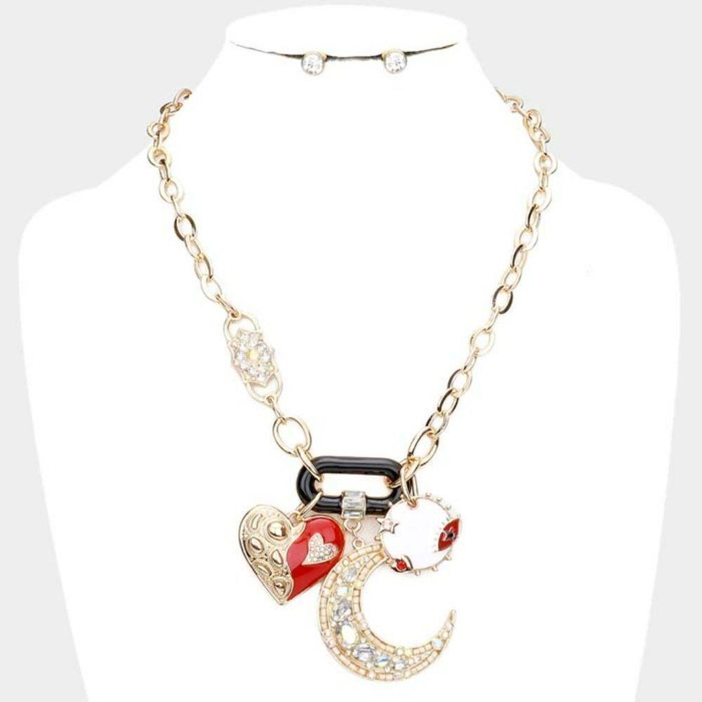 Enamel Heart Multi Color Stone Crescent Moon Star Evil Eye Pendant Necklace Set